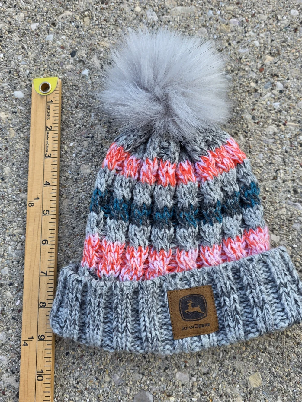 John Deere Toddler Girls Gray Pink Knit Pom Beanie Winter Hat OS
